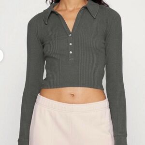 Aerie Ribbed Long Sleeve Top in Dark Gray